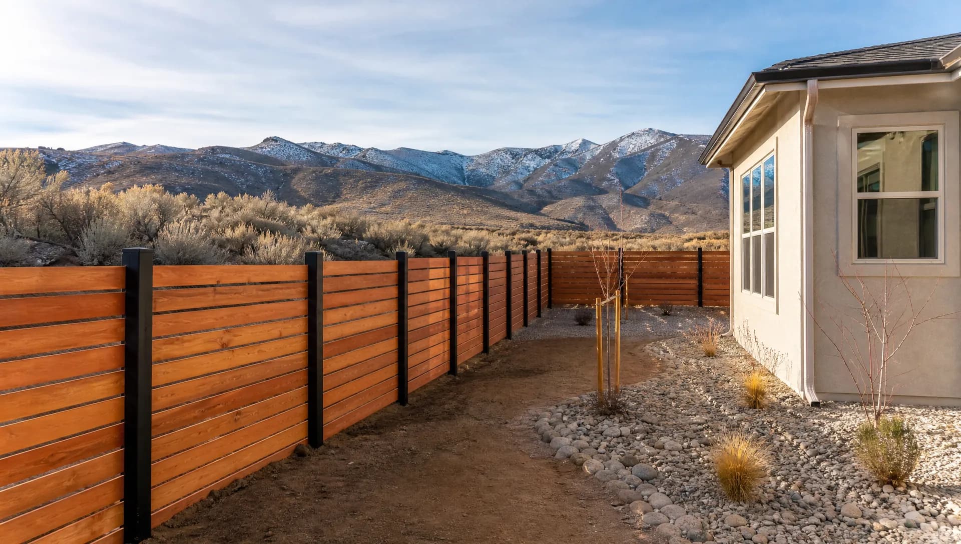 New horizontal cedar slat fence on black steel posts along a high-desert backyard with sagebrush and snow-dusted hills beyond